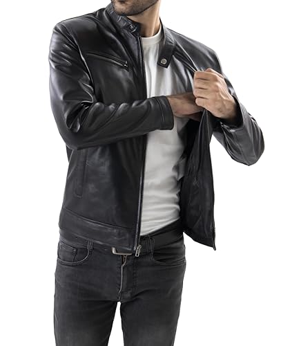 Image of Jild Classical Single Piece Lambskin Leather Jacket Men - Everyday Wear Snap Tab Collar Men's Motorcycle Leather Jacket