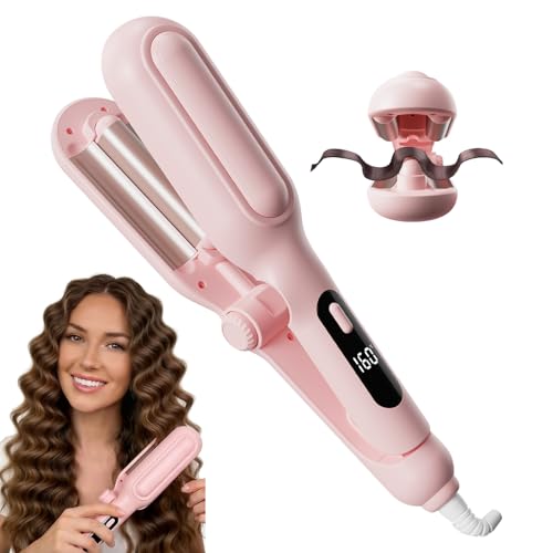 Image of 1&1.25 Inch Hair Crimper for Women - Curling Iron Waver Hair Tool to Adjustable Groove - Rizadora para Cabello - Anti-Scald Tech Hair Waver - Ionic Ceramic Coating for Long-Lasting,Fast Heating,Pink