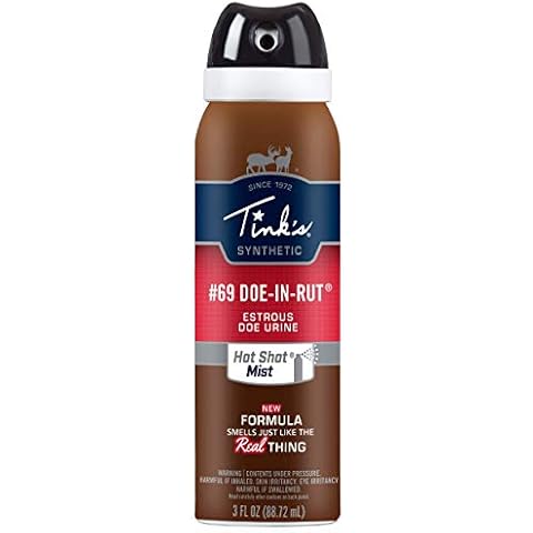 TINK'S Hot Shot #69 Doe-in-Rut Synthetic Estrous Mist | 3 Fl Oz Spray Bottle | Deer Attractant, Hunting Accessories, Synthetic Deer Scent | Powerful Fine Mist | Secure Locking Cap Brown W5260 Cover