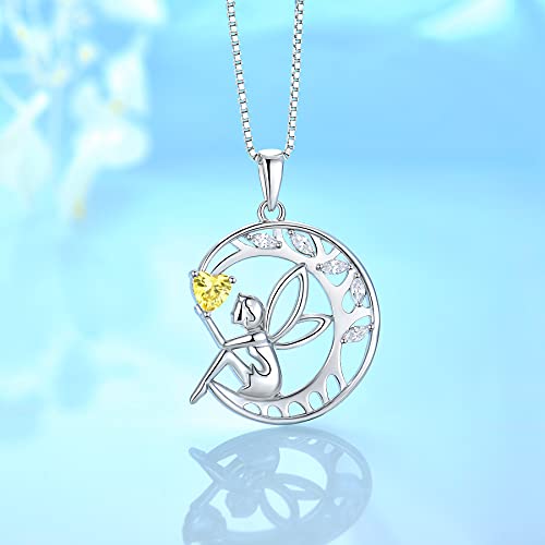 Fj Guardian Angel Necklace 925 Sterling Silver Tree Of Life Pendant Necklace Fairy Moon Necklace With November Citrine Birthstone Cubic Zirconia Jewellery Gifts For Women Girl #TOP1