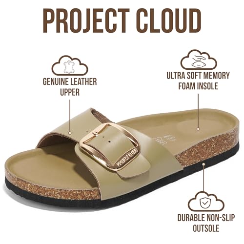 Image of Project Cloud 100% Genuine Leather Sandals Women Dressy Beach Essentials Slides for Women Footwear - Lightweight with Memory Foam Insole Sandals for Women 2026 - Womens Slides