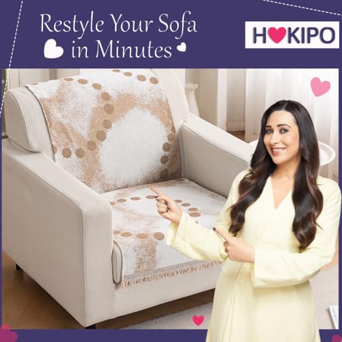 Image of HOKIPO Sofa Cover for 1 Seater Sofa | Full Protection for Seat and Back |Premium 320 GSM Chenille Fabric | 'Serene Abode Series' (180x60 cm), Latte Dotted Wave (AR-6634-D3)
