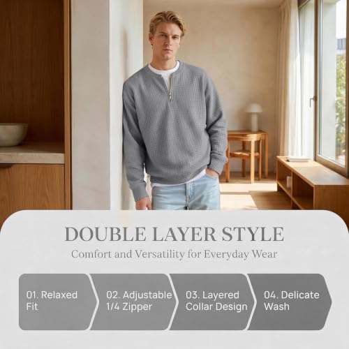 Waffle Quarter Zip Pullover Men 1/4 Zip Faux Layered Big and Tall Shirt - image 7