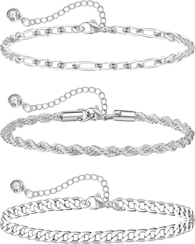 Melshabt Sterling Silver Ankle Bracelets for Women 925 Silver Lobster Clasp - Cuban Link, Figaro, Rope - Summer Beach Waterproof Silver Anklet for Women