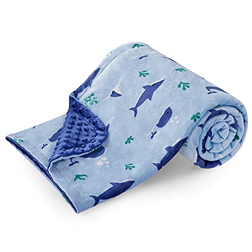 Image of DaysU Silky Micro Soft Plush Baby Blankets for Boys with Print Animal Pattern and Soothing Raised Dots, Double Layer Bed Throws for Baby Crib, Shark Whale, Blue, 30x40 Inches