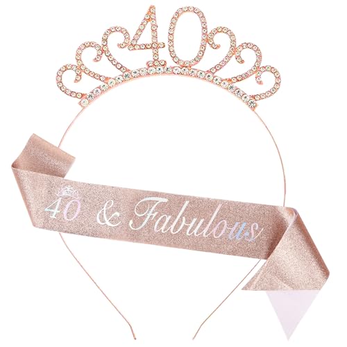 Dimetey 40th Birthday Decoration for Women Rose Gold Birthday Sash and Headband for Gilr Womens 40th Birthday Party Decor