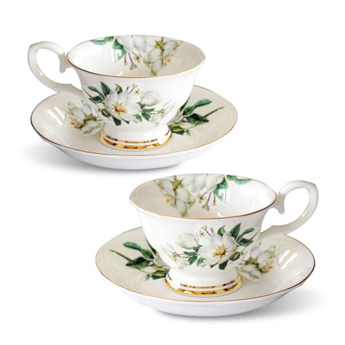 MIATTCLD Tea Cups and Saucers, Set of 2, 200ml, Floral Design, Bo...
