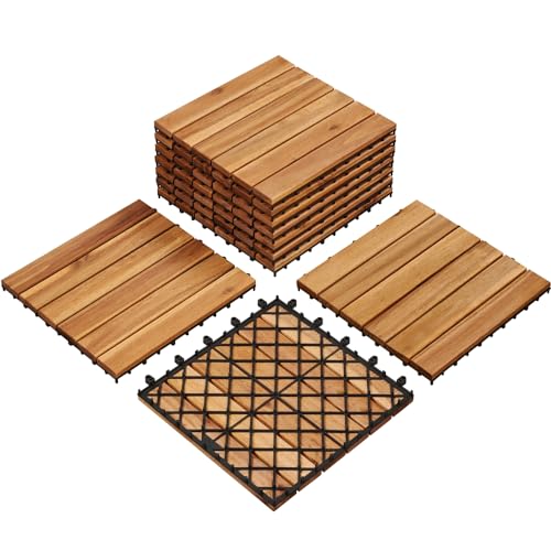 Yaheetech Caillebotis Bois Exterieur 10 PCS, Dalles de Terrasse en Bois 30 x 30 cm, Revêtement de Sol Extérieur Intérieur pour Terrasse et Balcon