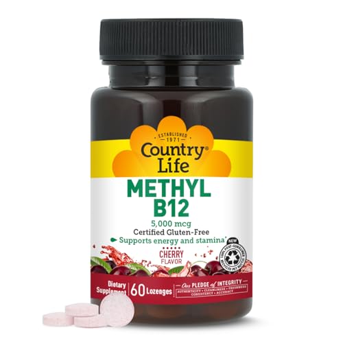 Country Life Methyl B12, Supports Energy & Stamina, 5,000mcg, 60 Lozenges, Certified Gluten Free, Certified Vegan, Certified Non-GMO Verified