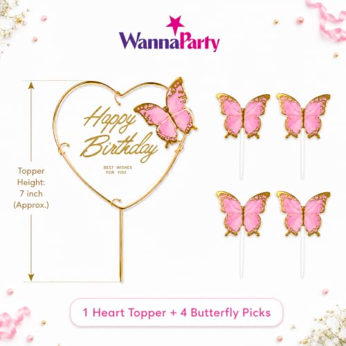 Image of Wanna Party Happy Birthday Cake Topper with Pink Butterflies, 5 Pcs Butterfly Cake Decoration Set for Birthday Cake, Cupcake, Dessert Table, Party Decor & Celebration Supplies