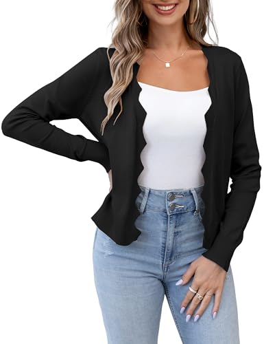VOIANLIMO Womens Casual Long Sleeve Sweaters Knit Open Front Cropped Bolero Short Cardigan