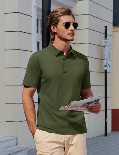 Cotrasen Polo Shirts for Men Cotton Pique Short Sleeve T-Shirts 3 Buttons Classic Fit Casual Basic Shirts Army Green M — view 3