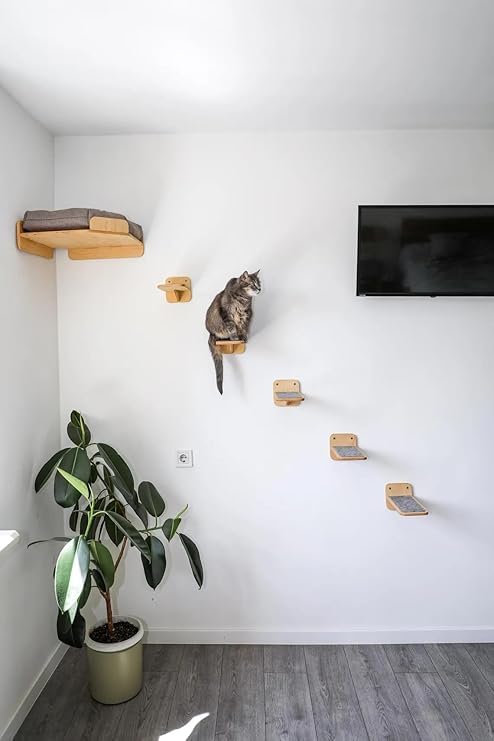 ANAIZA Wall Mounted Wooden Cat Bed – Space-Saving Wall Shelf for Cats with Soft Washable Cushion | Indoor Cat Furniture | Elevated Cat Lounger & Sleeping Shelf (Corner CAT Bed) 2
