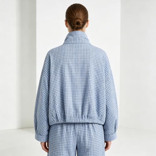Plaid Bomber Jacket Women Oversized Cropped Funnel Neck Gingham Jacket - image 3