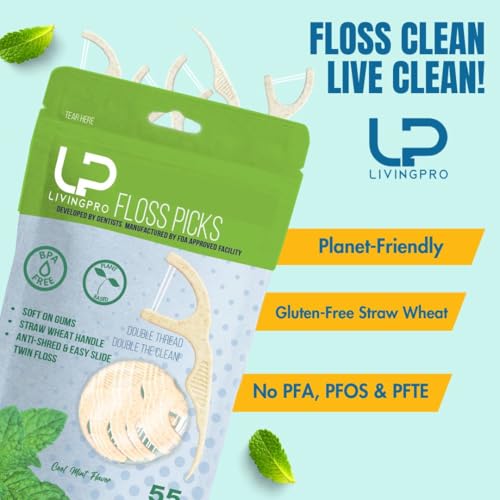 Image of Twin Line Dental Floss Picks (220 Count) - Double Thread Tooth Flossers for 2X Cleaning, Thin & Shred-Resistant Floss, Wheat-Straw Handle | Travel Case Included Holds up to 10 Picks