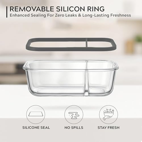 Image of Home Puff Borosilicate Glass Lunch Box 965ml with 2 Compartments & Lunch Bag | Airtight BPA-Free Leak-Proof Lid| Microwave, Freezer & Dishwasher Safe Glass Bento Tiffin Box for Office, College, School
