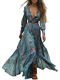 tinetill Vestido Largo Mujer Verano Boho Elegante Maxi Cuello V Estampado Floral Vestido de Playa Fiesta