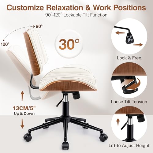 Image of Ergonomic Armless Office Desk Chair - Mid-Century Modern White Faux Leather with Diamond Stitch, Adjustable Height Swivel Rolling Task Computer Chair with Walnut Accent for Home Office, Study & Work