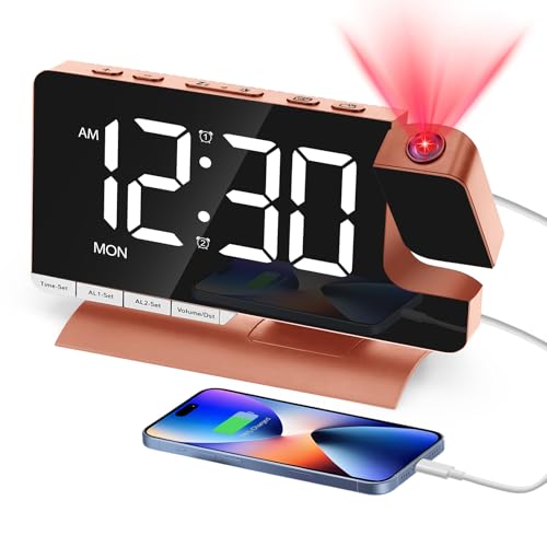 Venchin Despertador Proyector Techo: 7.3' Espejo LED Reloj Digital Sobremesa 2 Alarma Carga USB 6 Brillo Ajustable Snooze 12/24H DST Proyector de 180° y Volteo Despertador Digital Infantil Niño Niña