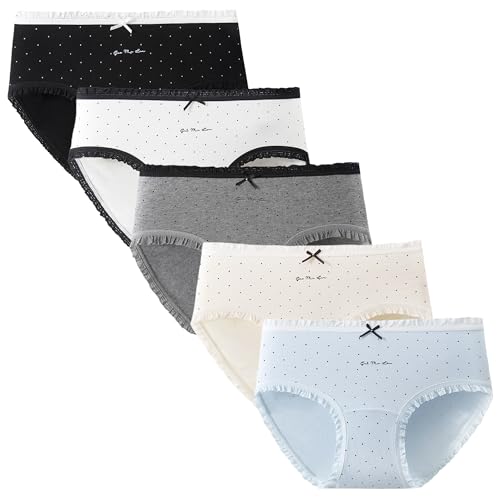 VOPIMODY Teen Girls Underwear 5 Packs Cotton Briefs with Lace & Dot Design for Teens 8-14 Years Skin-Friendly Lightweight Panties (US Age 8 Years 10 Years Polka Dot Lace)