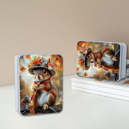 Image of Metal Tin Box with Lid,Multi-functional Storage Large Box Can Store Tea Biscuits Game Cards, Playing & Tarot Cards-Comes with 4 Magnetic Cord Clips,Cute Squirrel Wearing Hat