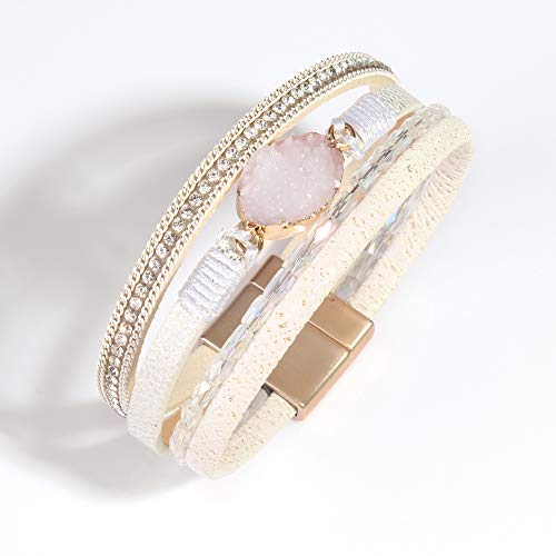 Fancy Shiny Leather Wrap Bracelet Boho Cuff Bracelets Crystal Bead Bracelet With Clasp Jewelry Gifts For Women Teen Girls(7.7", White) #TOP3