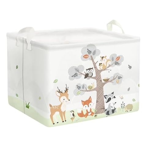 Clastyle 36L Large Woodland Animal Tree House Baby Basket Rectangle Deer Fox Squirrel Shelf Basket with Handle Collapsible Book Toy Clothes Towel Nursery Storage Basket Cover