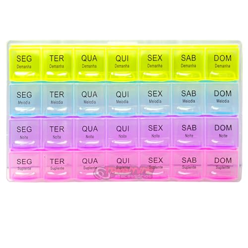 Lilyn Organizador de Remédios Comprimidos Estojo Caixa Organizadora Medicamentos Vitamina Semanal Dia Período Manhã Tarde Noite 28 Compartimentos