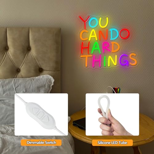 Image of You Can Do Hard Things Neon Sign,Motivational LED Signs for Wall Decor,USB Powered Dimmable Neon Light for Classroom Office Library Kids Wall Art Bedroom Game Room Birthday Party Backdrop Decoration