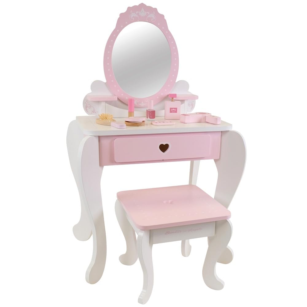 Bandits & Angels Kinderschminktisch Julia Weiß Rosa mit Spiegel für Mädchen ab 3 Jahren - Schminktisch aus Holz - Schminktisch inklusive Hocker - Für Kinder