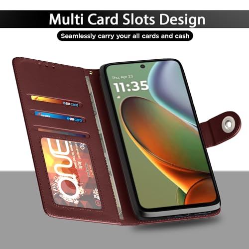 Image of Pikkme Flip Cover Leather Finish | Inside TPU with Card Pockets | Wallet Stand and Shock Proof | Complete Protection Button Flip Case for Moto G05(Brown)