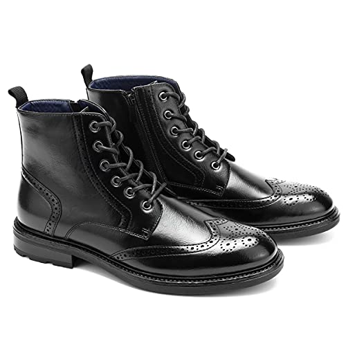 Image of Temeshu Men's Wingtip Ankle Boot Side Zip Motorcycle Oxford Boots (with shoelaces) HH07 Black 7