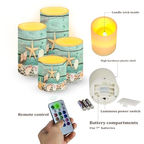 Image of Flameless Light Candles Battery Operated Candles with Color Changing Timer Remote Control Fake Pillar Candle Tealights Home Indoor Beach Coastal Decoration, Starfish Shell Wood Grain