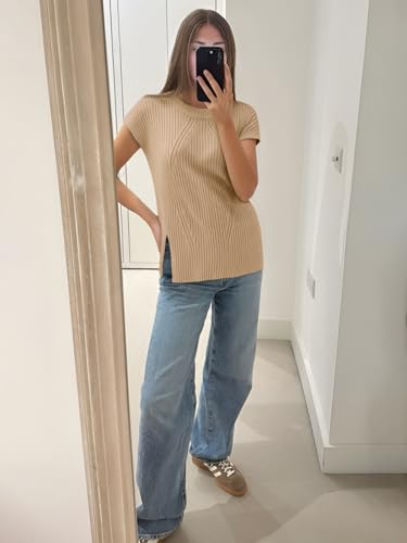 Image of Imily Bela Womens Short Sleeve Sweater Casual Crew Neck Rribbed Knit Split Pullover Summer Tunic Tops