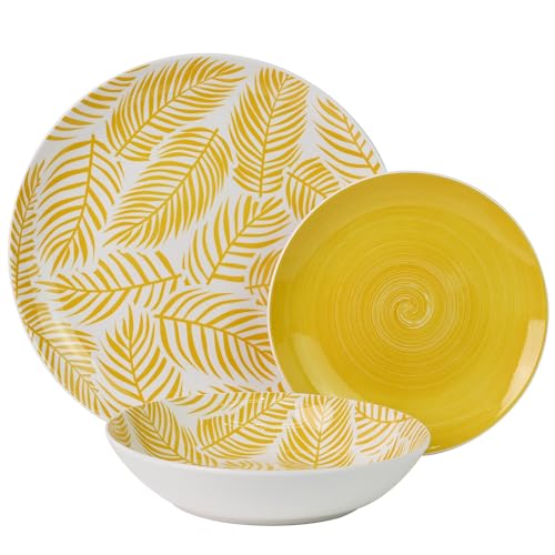 DRW Servizio da tavola da 18 pezzi in porcellana con foglie in giallo 27x27x4 cm