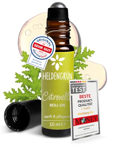 Heldengrün BIO Roll-On Citronella [100% NATURREIN] Duftöl Mücken - Dermatologisch getestet - Roll On mit Citronella Öl - 2-in-1: Duft & Pflege