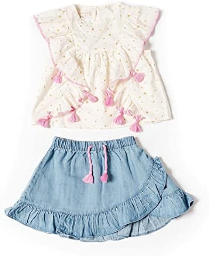 Kinderkind Baby Girls Star Tassel Top and Soft Tencel Ruffle Skirt Set - Embroidery Stitch Detail with Hemline Summer Cloth