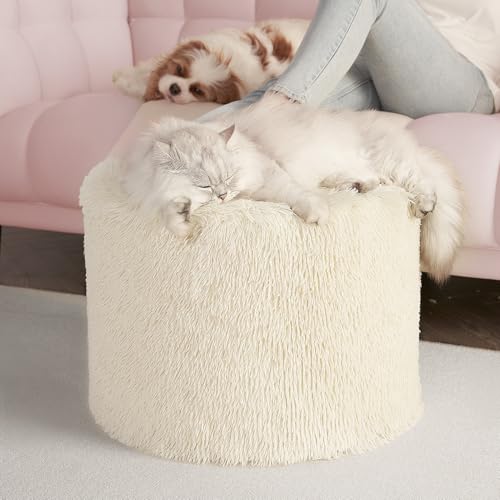 Hansleep Round Pouf Ottoman Foot Rest, 17 x 14 Small Faux Fur Stuffed Pouf for Chair, Foam Filled Foot Stools Ottomans for Living Room, Beige