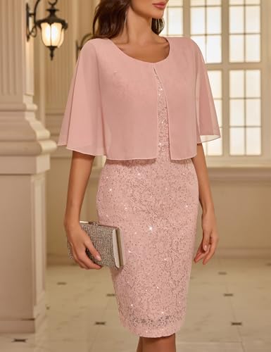 Image of COOAN Women's Wedding Guest Cape Dress Cocktail Party Formal Chiffon Lace Sequin Dress