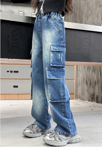 Kids Girls Elastic Waist Baggy Cargo Denim Jeans Pants with Pockets - Y2K Wide Leg Cotton Casual Jeans for 4-14Years2