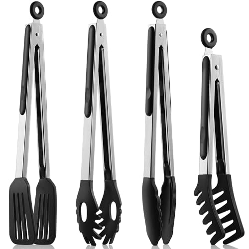 4 PCS Kitchen Tongs with Silicone Tips, 9 & 12-Inch Heat Resistant Silicone Tongs for Cooking Stainless Steel Spaghetti Tong Pasta Tong for Serving Food, Spaghetti, Pasta, BBQ, Salad (4PCS)
