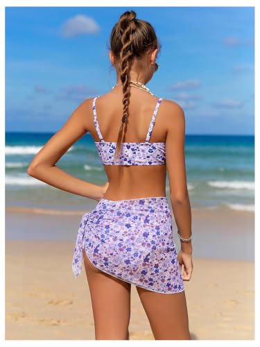 Image of OYOANGLE Girl's 3 Piece Bikini Sets Floral Print Spaghetti Straps Cute Swimsuits with Beach Skirt Bathing Suits