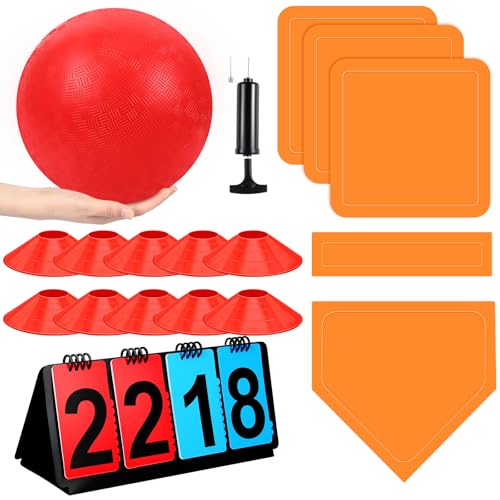 Jenaai 18 Pcs Sports Kickball Set Includes Playground Ball 5 Rubber Throw Down Bases Ball Pump...