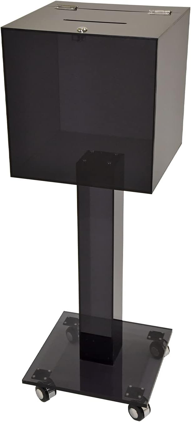 Kingdom Large Acrylic Collection or Donation Box with Casters for Easy Movement Plus a Lock and Keys so your Collections and Donations are kept Safely - Black/Smoky (Plain/Non-Personalized)
