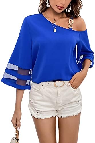 2023 Women Summer Solid Color Loose Fitting Chiffon Blouse 3/4 Bell Sleeve Mesh Panel Shirt Cold Shoulder Metallic Buckle Top Blue X-Large