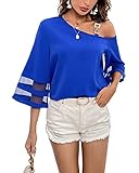 2023 Women Summer Solid Color Loose Fitting Chiffon Blouse 3/4 Bell Sleeve Mesh Panel Shirt Cold Sho