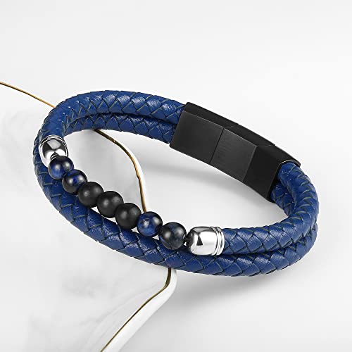 Ailetop Mens Bracelet Gifts Blue Tiger Eye, Blue Leather Natural Matte Agate Beaded Bracelets For Men Stress Relief Healing Bracelets For Men Mens Leather Bracelets Beads Jewelry Gifts For Men #TOP4