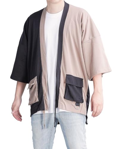 Image of Men's Long Oversized Kimono Cardigan Noragi Cargo Jacket Haori Man Yukata Coat