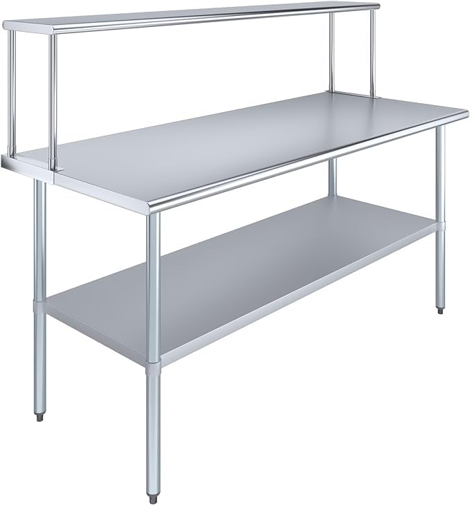 Express KitchQuip Stainless Steel Work Table with Wide Single Tier Overshelf | Metal Kitchen Prep Table & Shelving Combo (30" x 72" Work Table + 12"