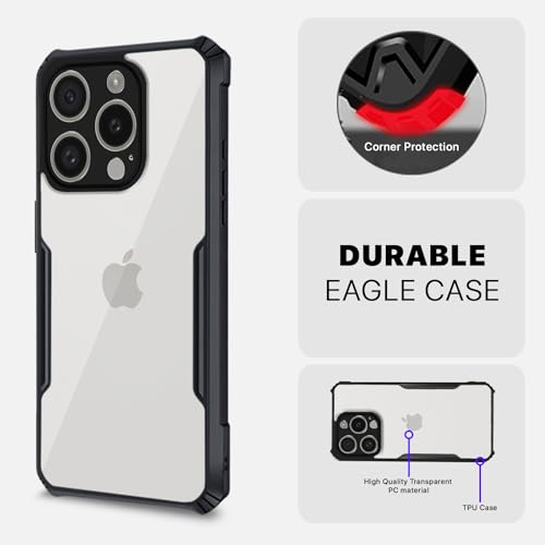 Image of Pikkme Back Cover | Crystal Clear Transparent Back | Ultra Hybrid | Full Camera Protection | Raised Edge | Bumper Back Case for iPhone 15 Pro Max (Black)